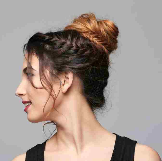 high bun fancy design hairstyle for collage girl